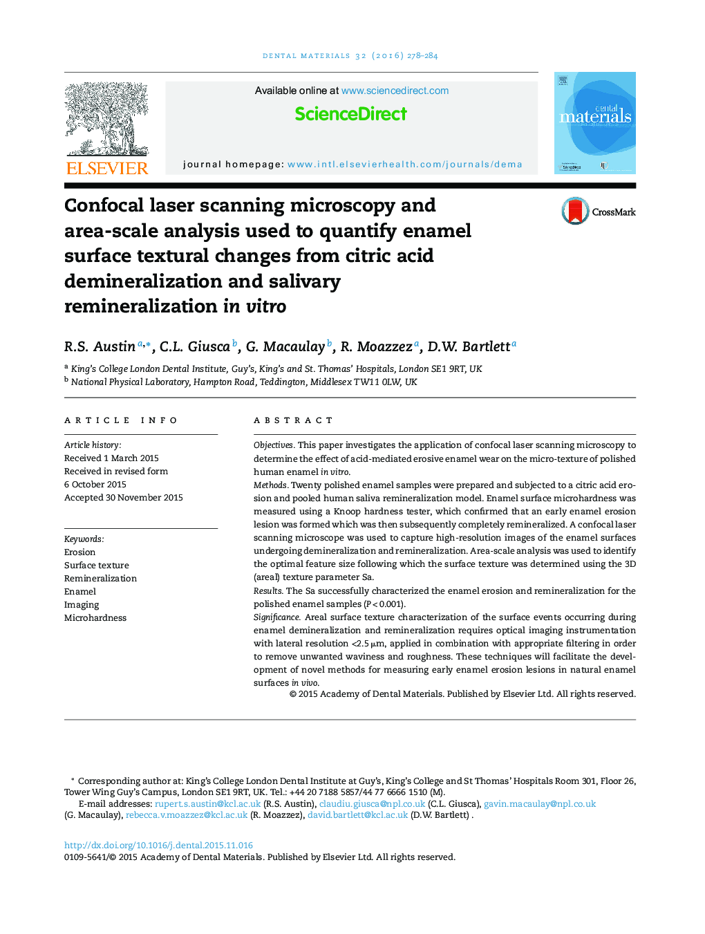 Confocal laser scanning microscopy and area-scale analysis used to quantify enamel surface textural changes from citric acid demineralization and salivary remineralization in vitro