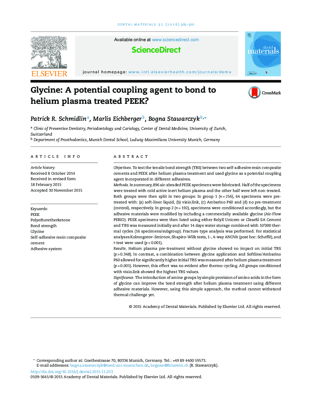 Glycine: A potential coupling agent to bond to helium plasma treated PEEK?