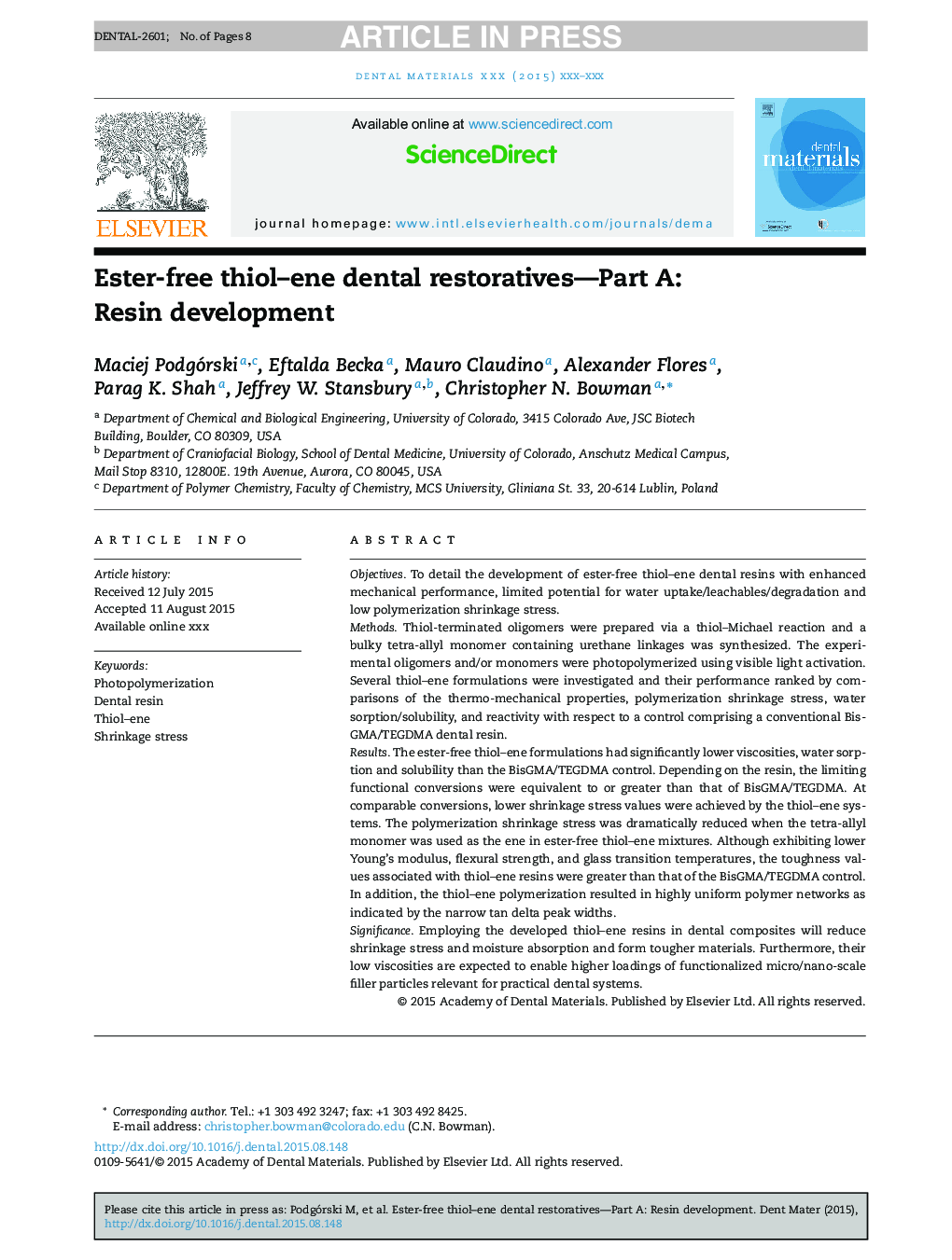 Ester-free thiol-ene dental restoratives-Part A: Resin development