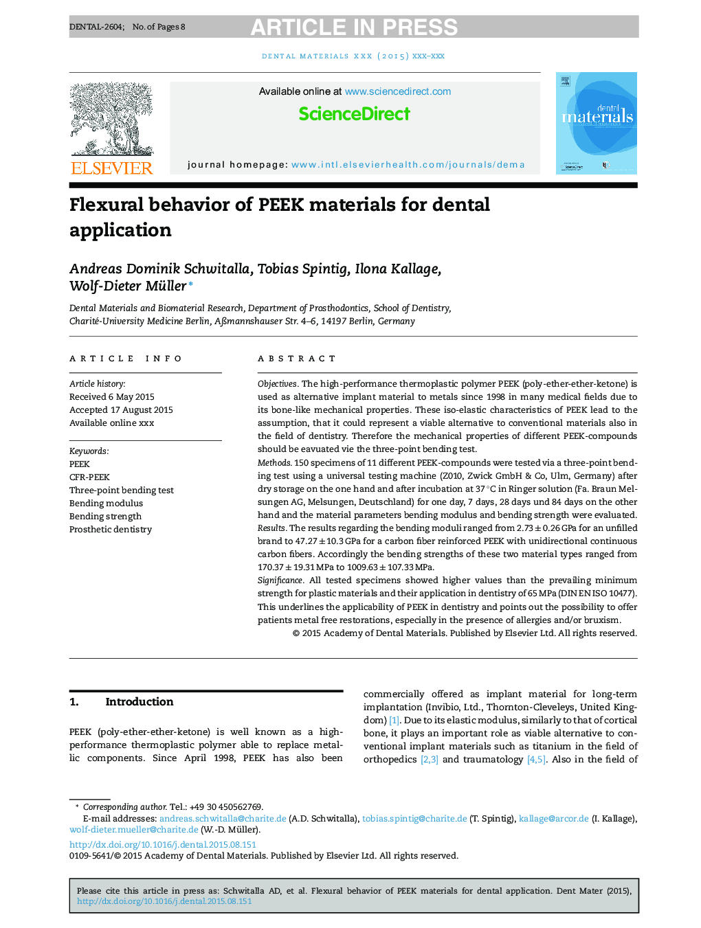 Flexural behavior of PEEK materials for dental application