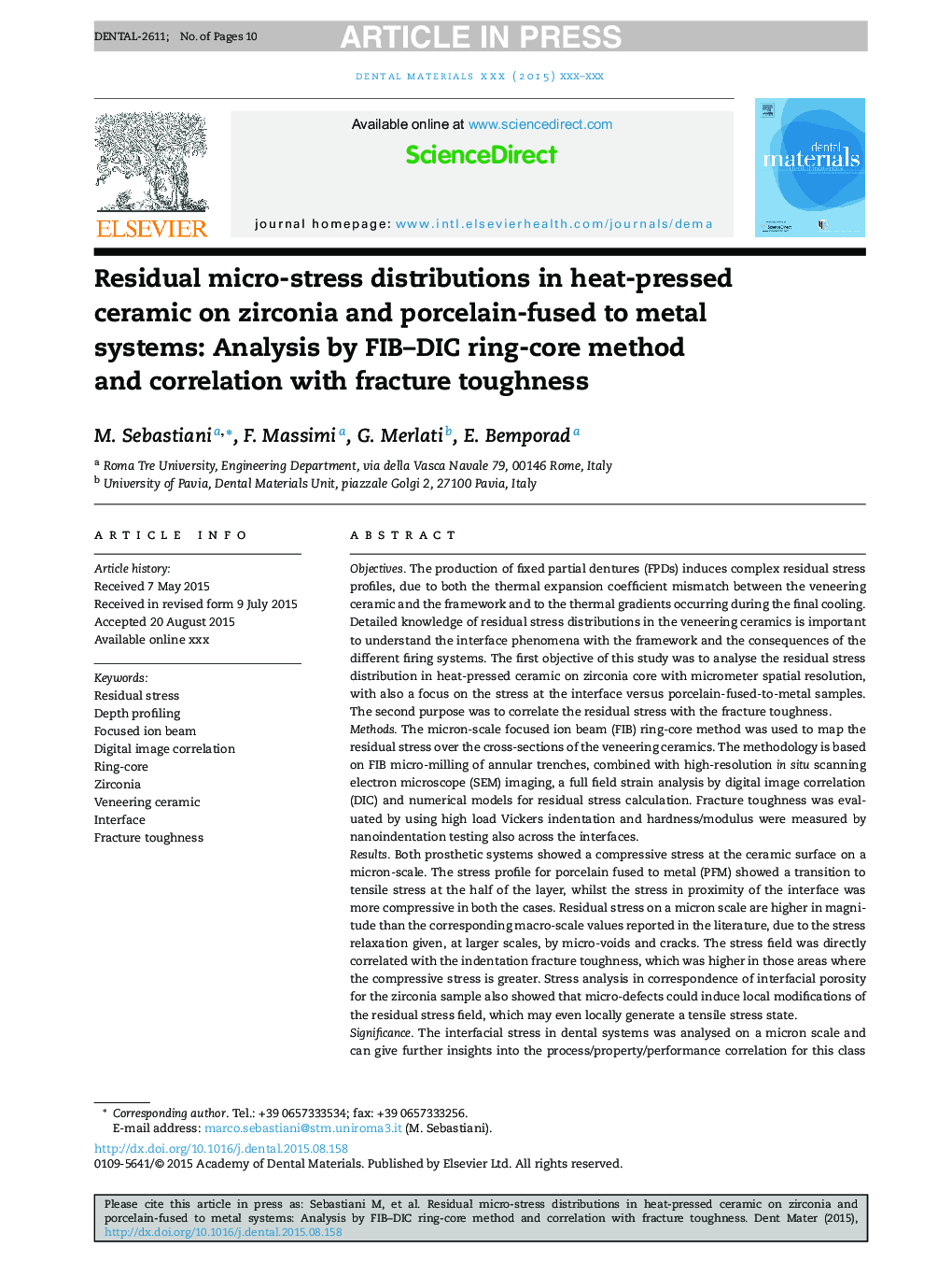 Residual micro-stress distributions in heat-pressed ceramic on zirconia and porcelain-fused to metal systems: Analysis by FIB-DIC ring-core method and correlation with fracture toughness