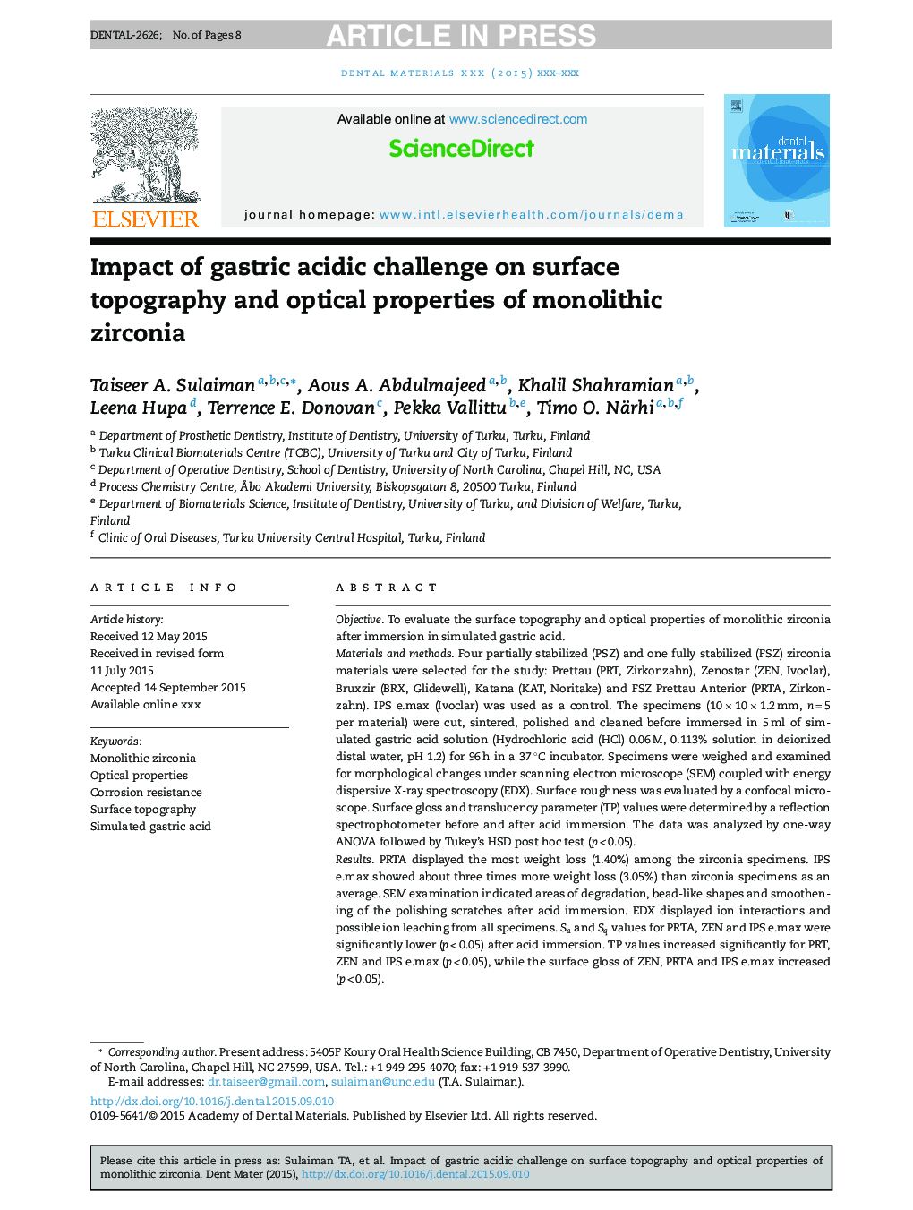 Impact of gastric acidic challenge on surface topography and optical properties of monolithic zirconia