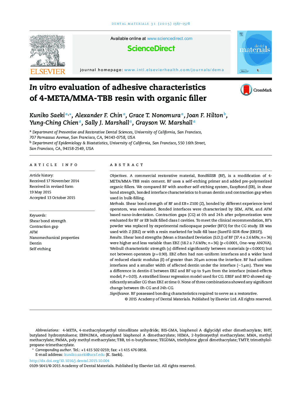 In vitro evaluation of adhesive characteristics of 4-META/MMA-TBB resin with organic filler