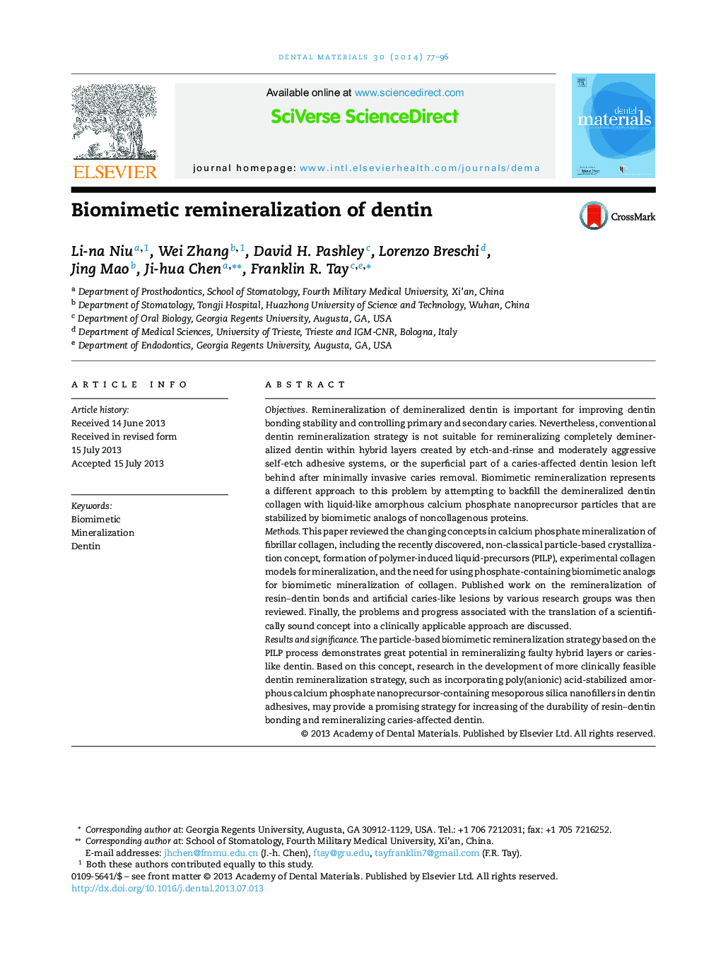 Biomimetic remineralization of dentin