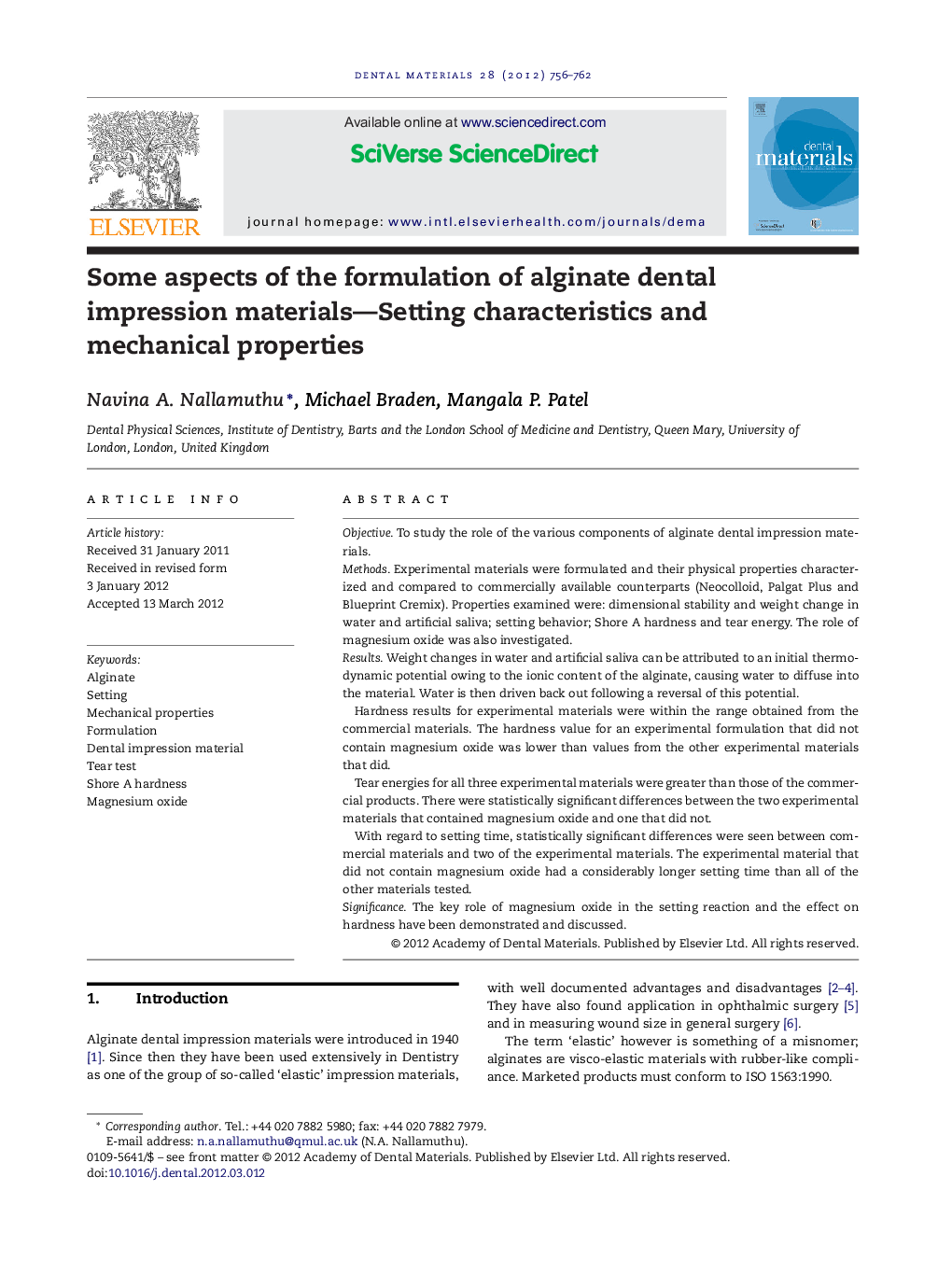 Some aspects of the formulation of alginate dental impression materials-Setting characteristics and mechanical properties