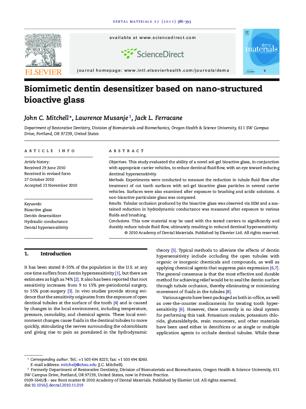 Biomimetic dentin desensitizer based on nano-structured bioactive glass
