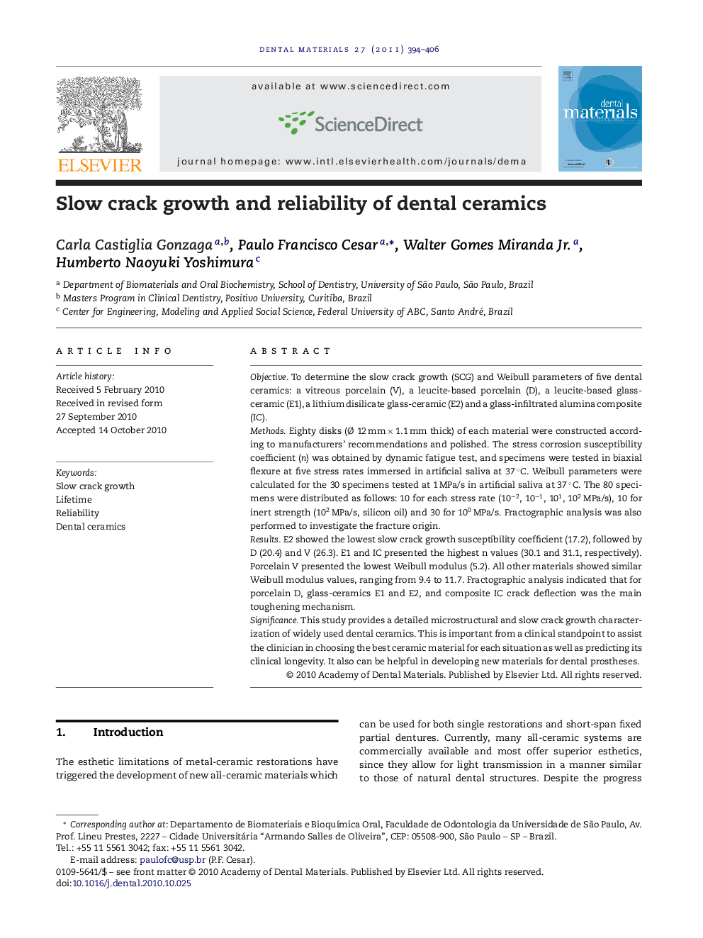 Slow crack growth and reliability of dental ceramics