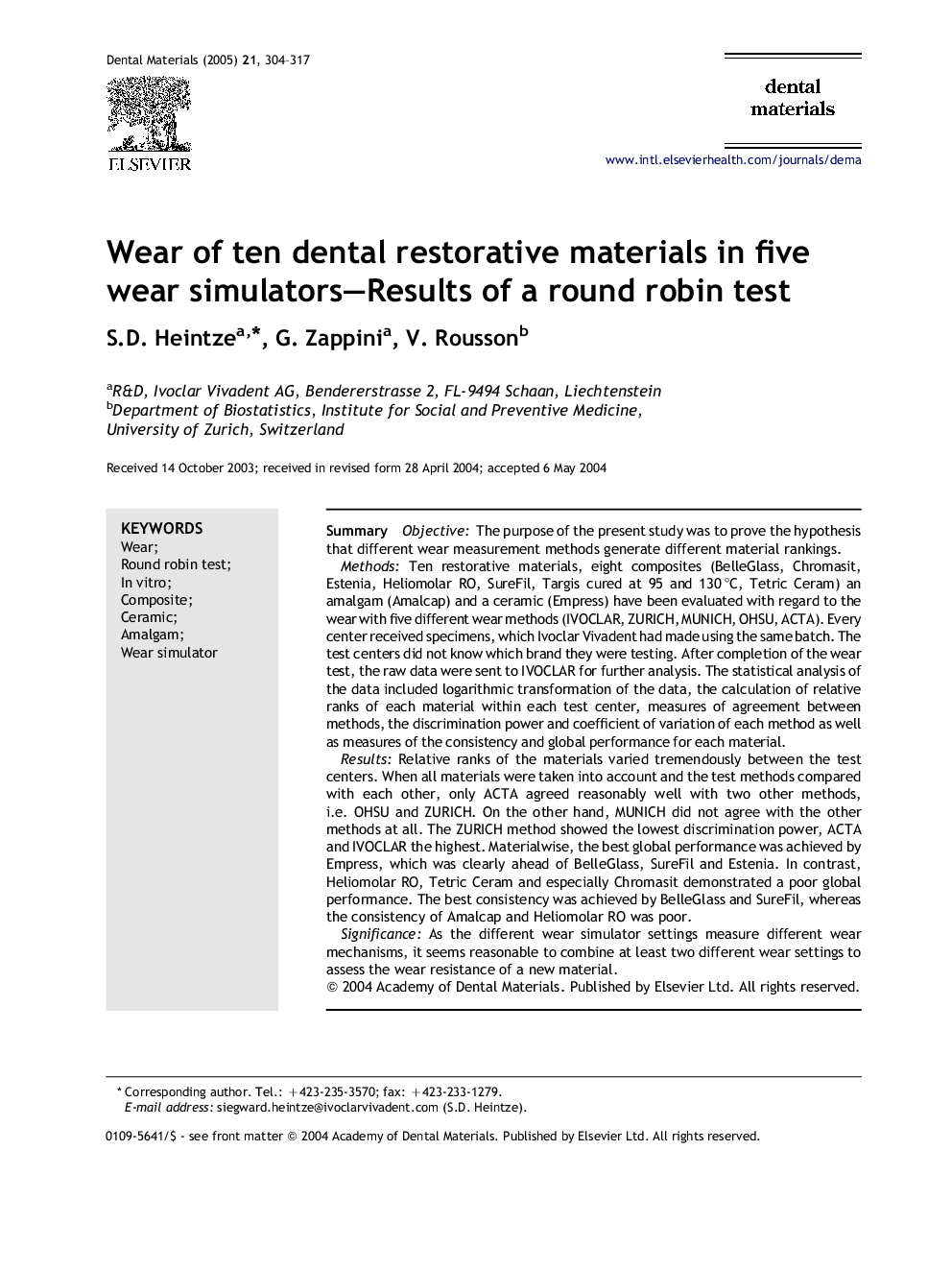 Wear of ten dental restorative materials in five wear simulators-Results of a round robin test