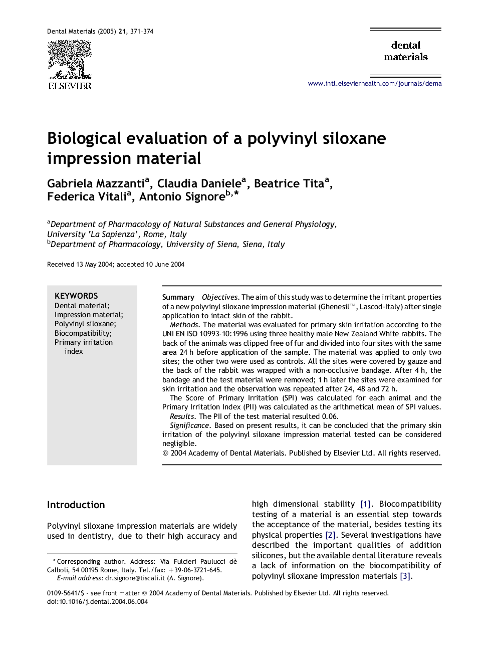 Biological evaluation of a polyvinyl siloxane impression material