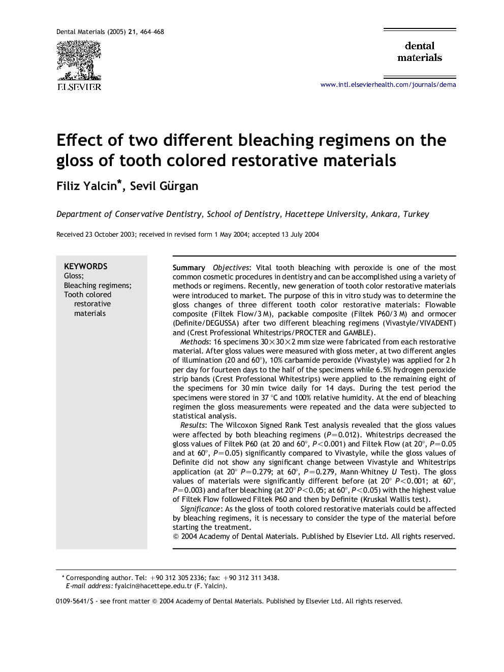 Effect of two different bleaching regimens on the gloss of tooth colored restorative materials