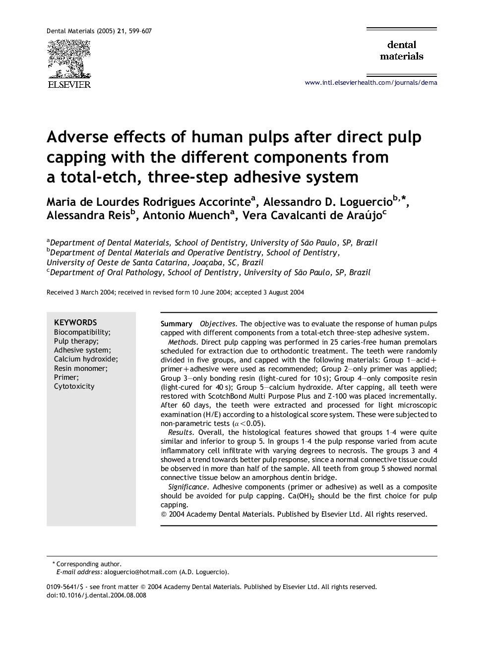 Adverse effects of human pulps after direct pulp capping with the different components from a total-etch, three-step adhesive system