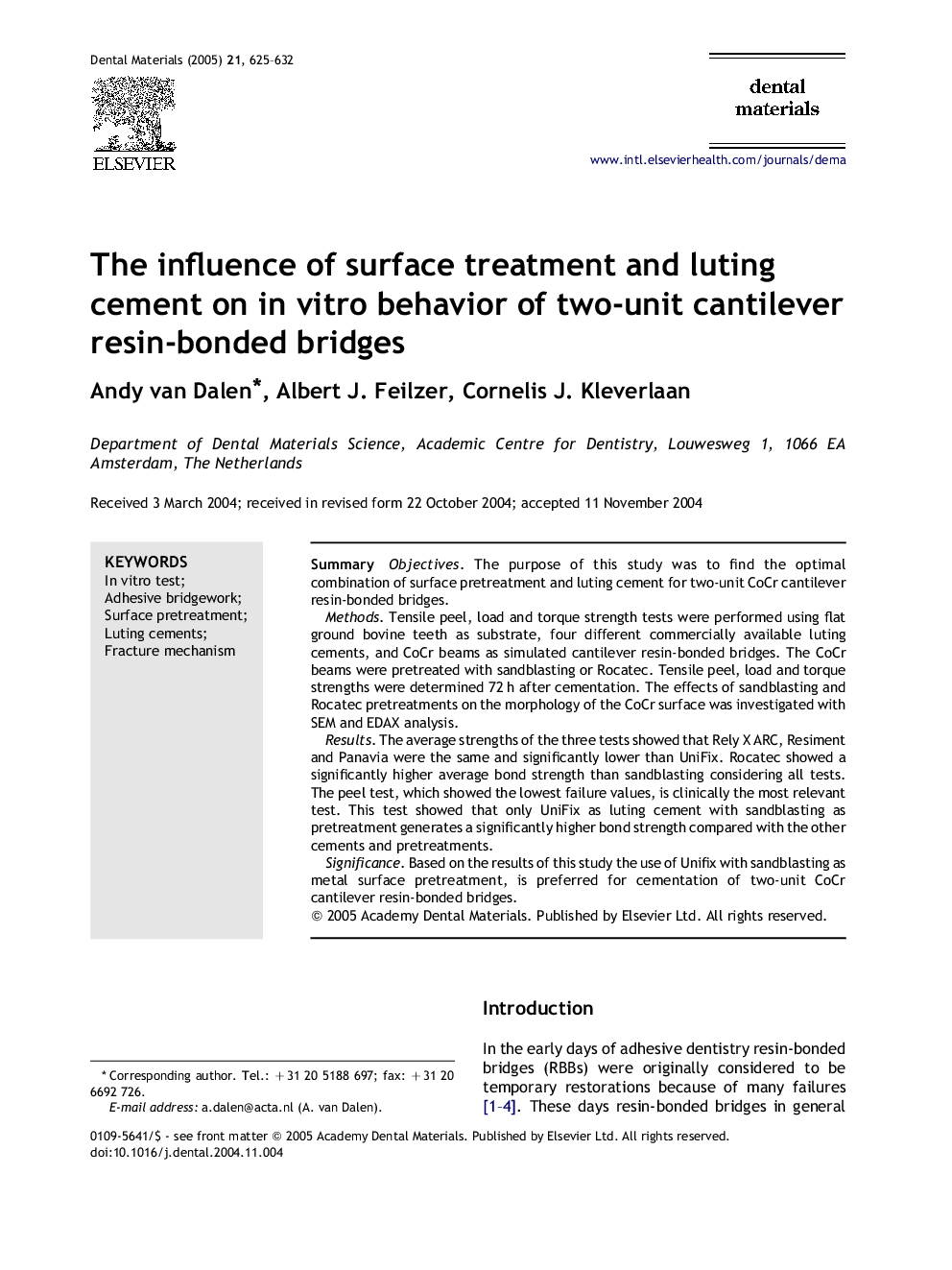 The influence of surface treatment and luting cement on in vitro behavior of two-unit cantilever resin-bonded bridges