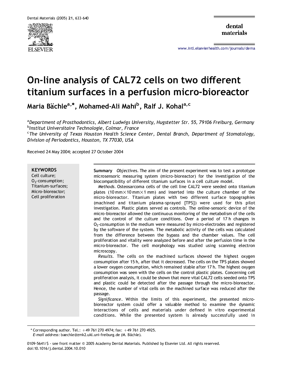 On-line analysis of CAL72 cells on two different titanium surfaces in a perfusion micro-bioreactor