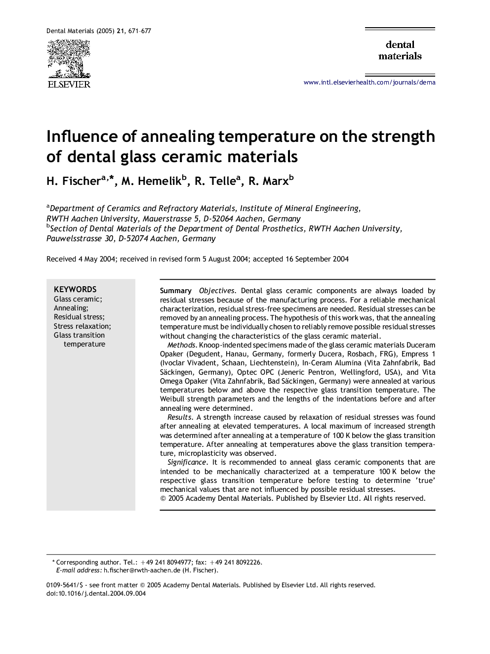 Influence of annealing temperature on the strength of dental glass ceramic materials