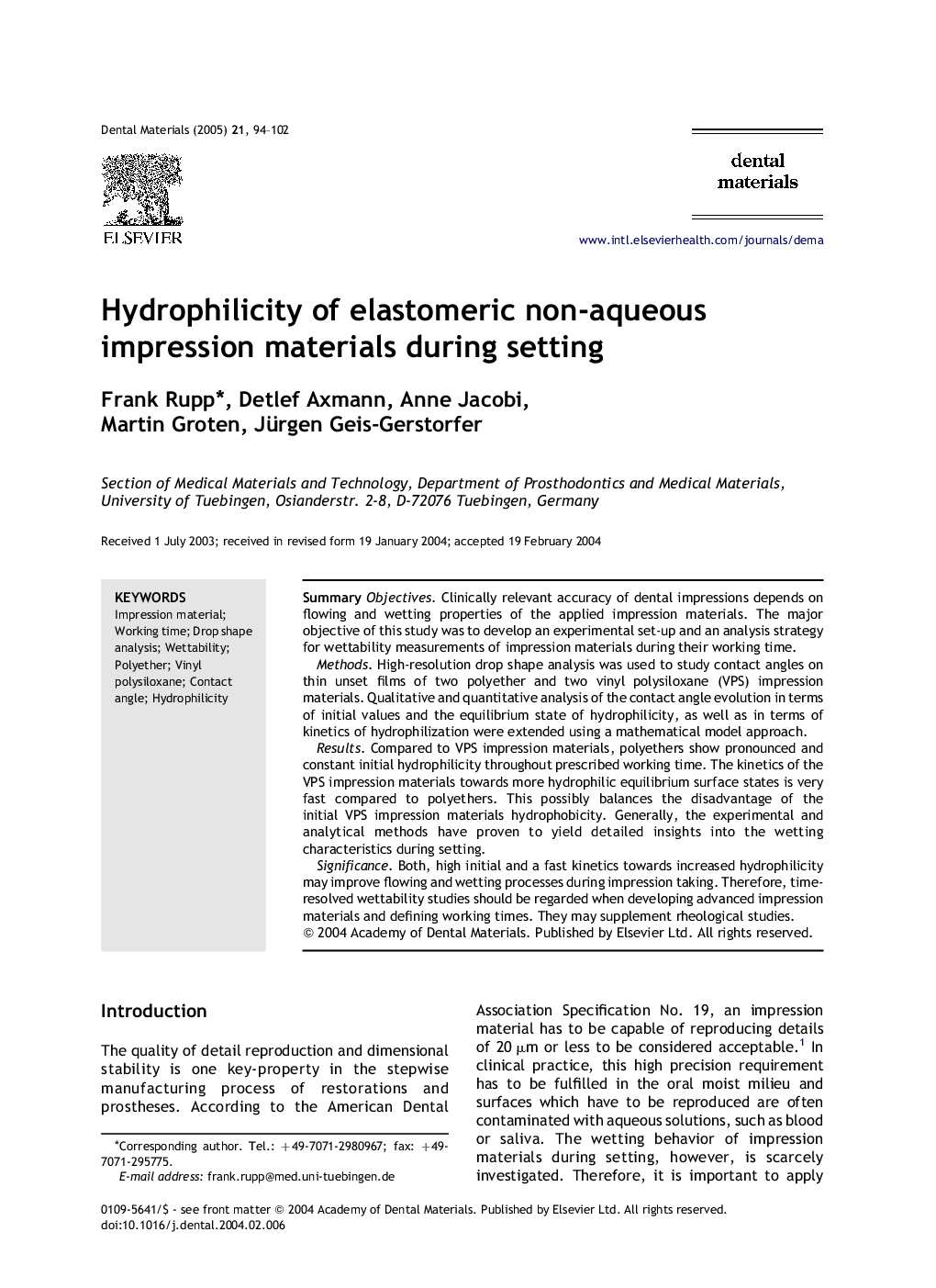 Hydrophilicity of elastomeric non-aqueous impression materials during setting