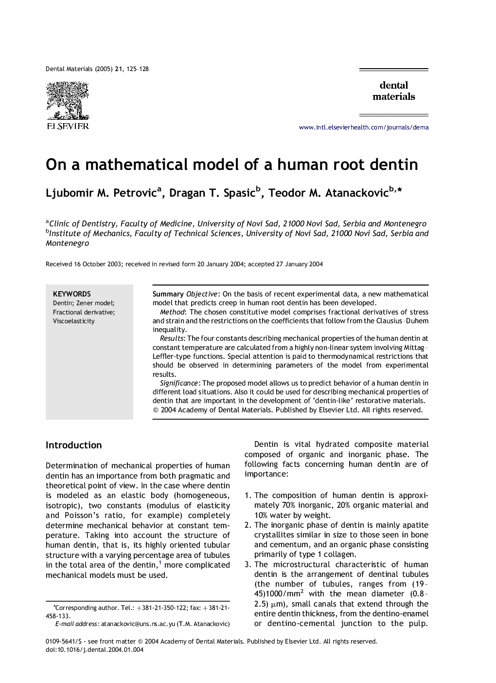 On a mathematical model of a human root dentin