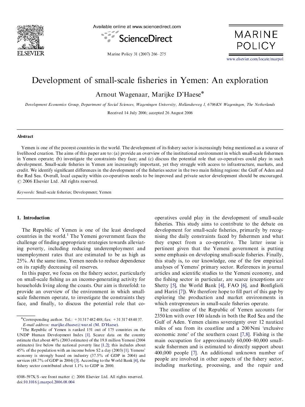 عکس صفحه اول مقاله: Development of small-scale fisheries in Yemen: An exploration Development of small-scale fisheries in Yemen: An exploration