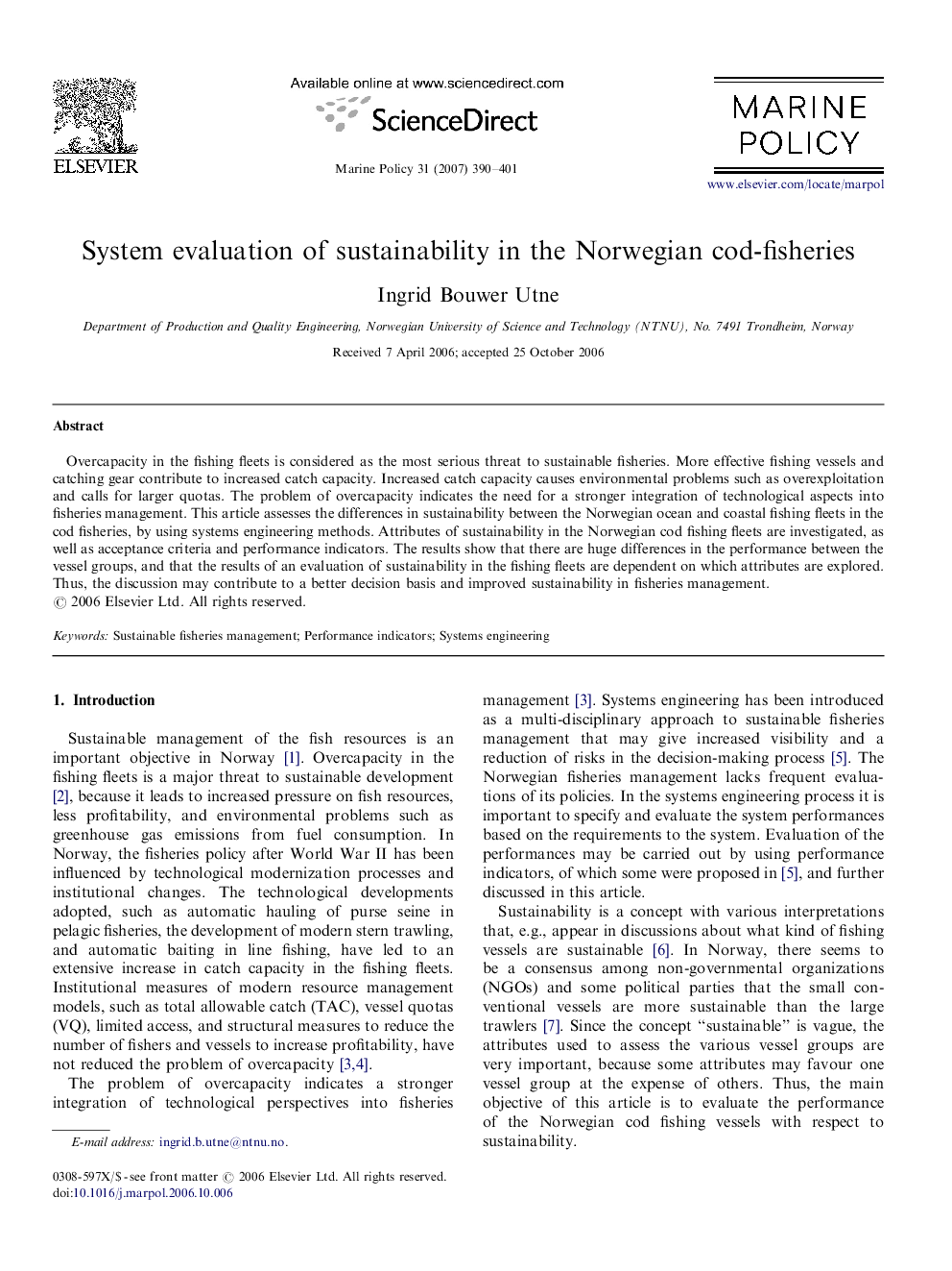 System evaluation of sustainability in the Norwegian cod-fisheries