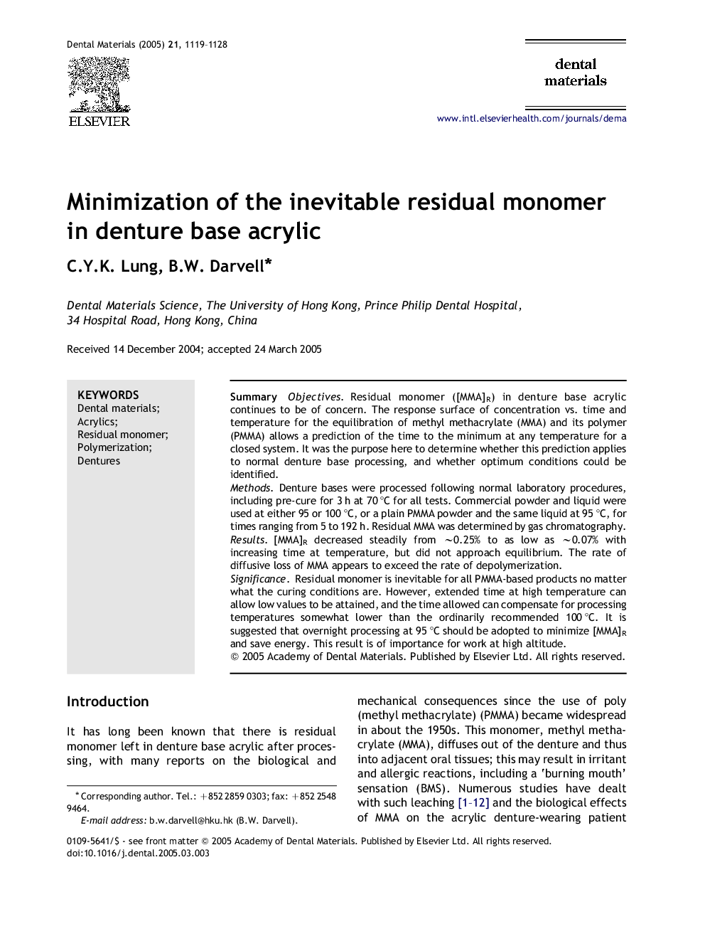 Minimization of the inevitable residual monomer in denture base acrylic