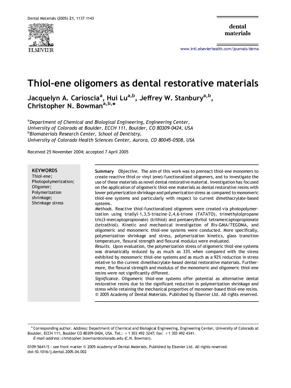 Thiol-ene oligomers as dental restorative materials