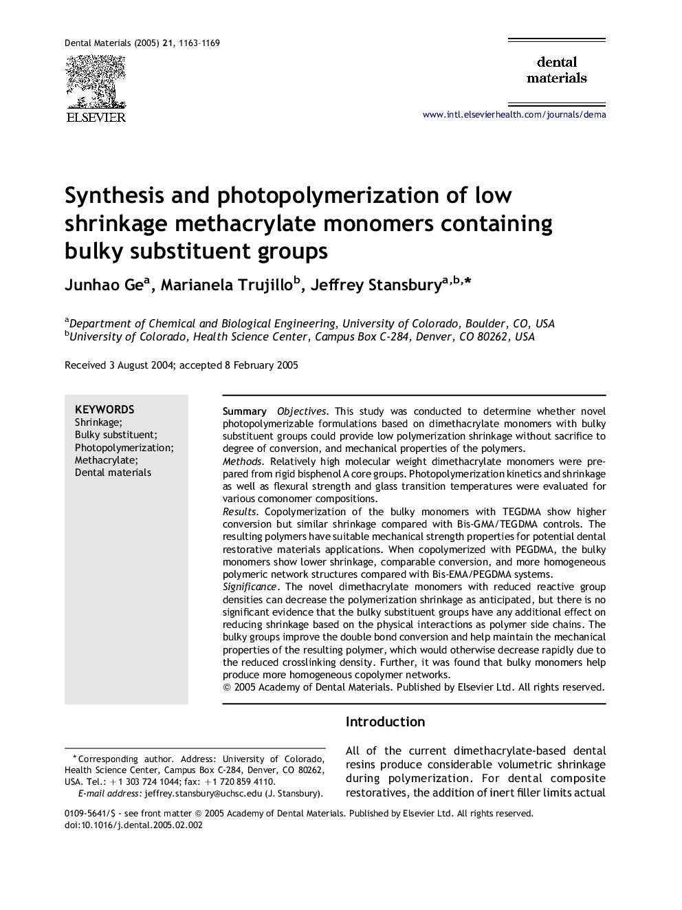 Synthesis and photopolymerization of low shrinkage methacrylate monomers containing bulky substituent groups