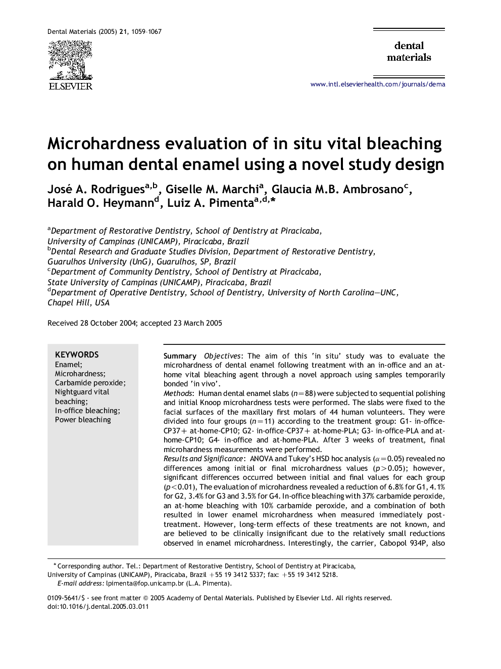 Microhardness evaluation of in situ vital bleaching on human dental enamel using a novel study design