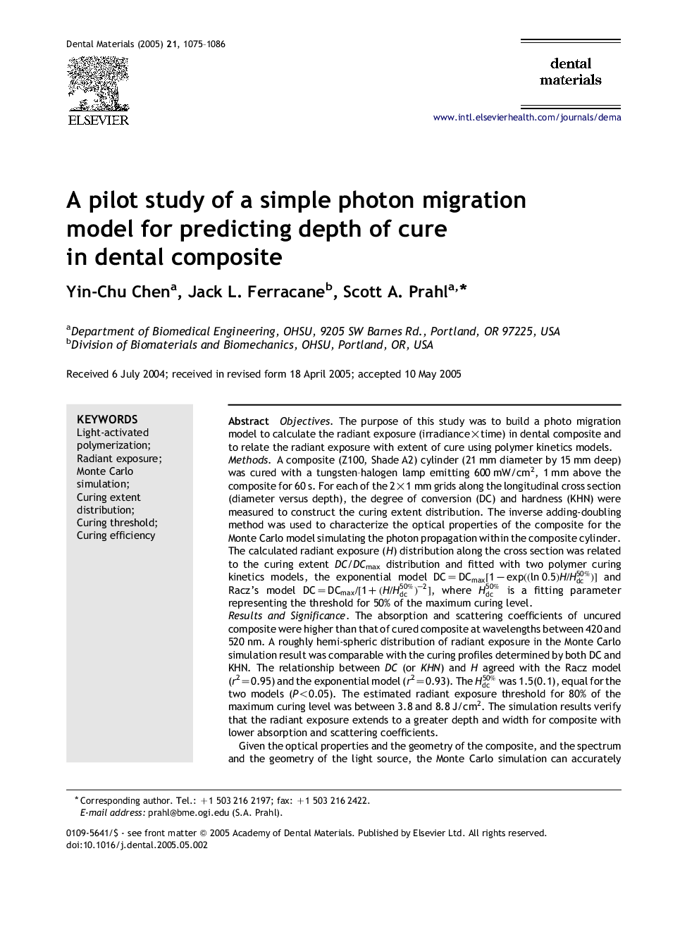 A pilot study of a simple photon migration model for predicting depth of cure in dental composite