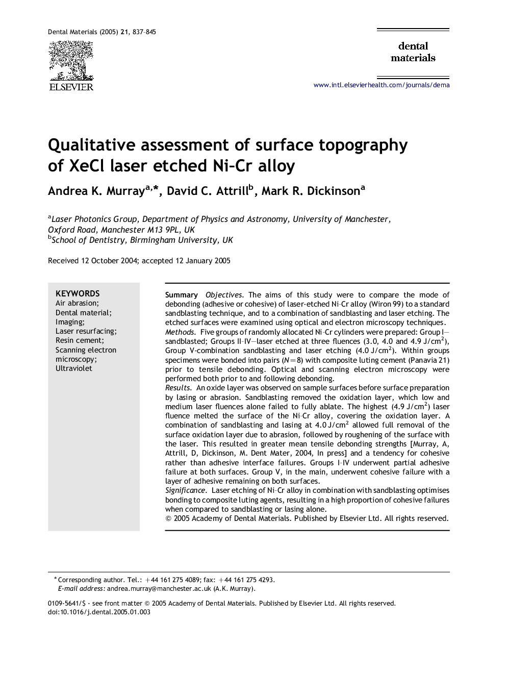 Qualitative assessment of surface topography of XeCl laser etched Ni-Cr alloy