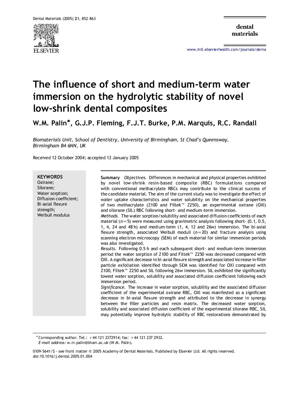 The influence of short and medium-term water immersion on the hydrolytic stability of novel low-shrink dental composites