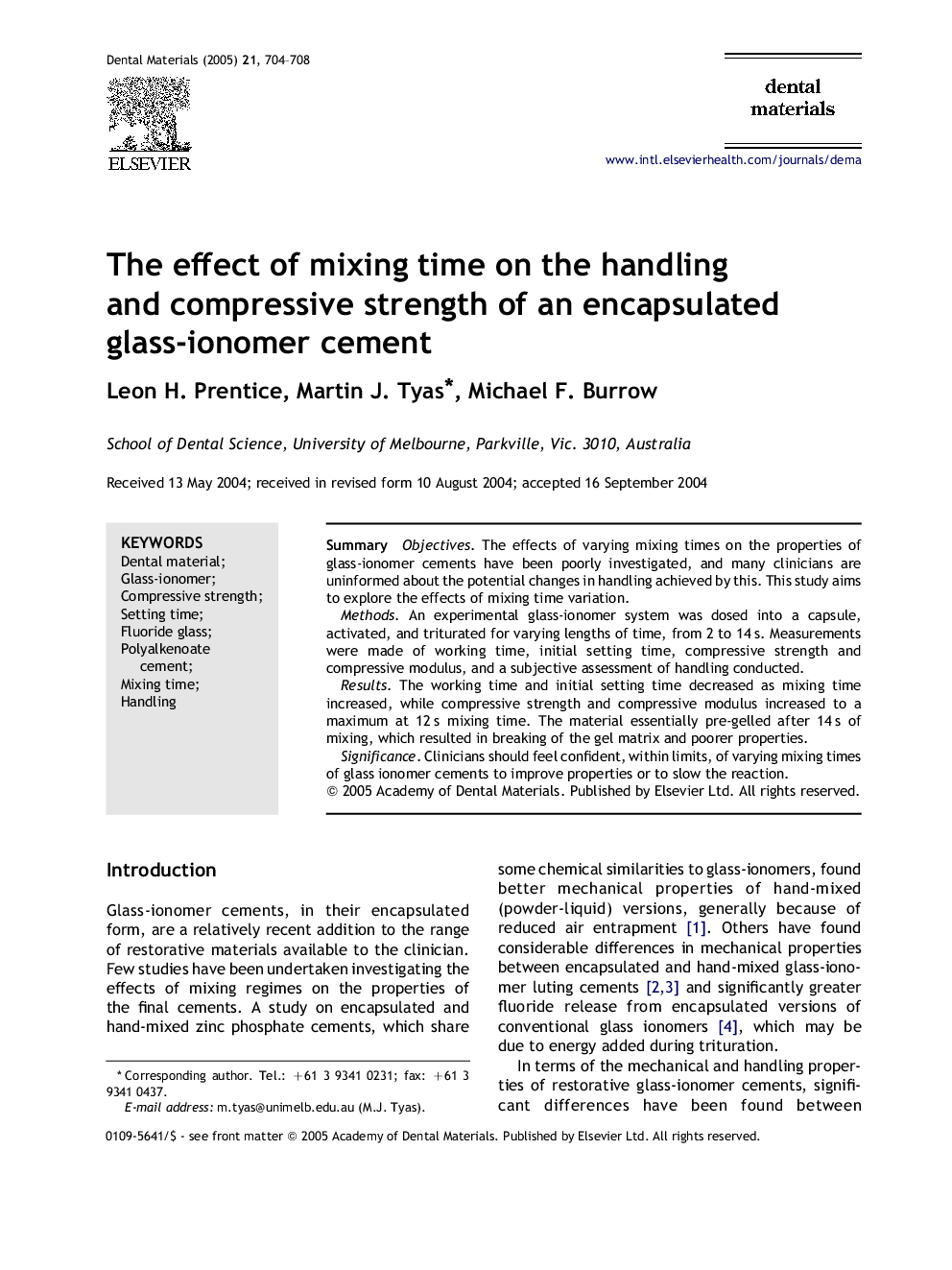 The effect of mixing time on the handling and compressive strength of an encapsulated glass-ionomer cement