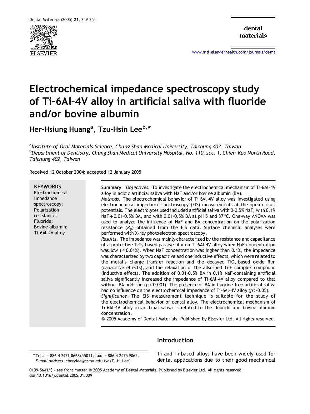 Electrochemical impedance spectroscopy study of Ti-6Al-4V alloy in artificial saliva with fluoride and/or bovine albumin