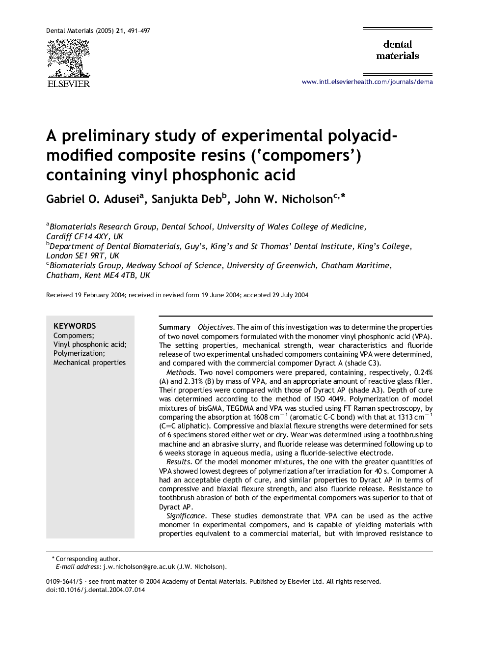 A preliminary study of experimental polyacid-modified composite resins ('compomers') containing vinyl phosphonic acid