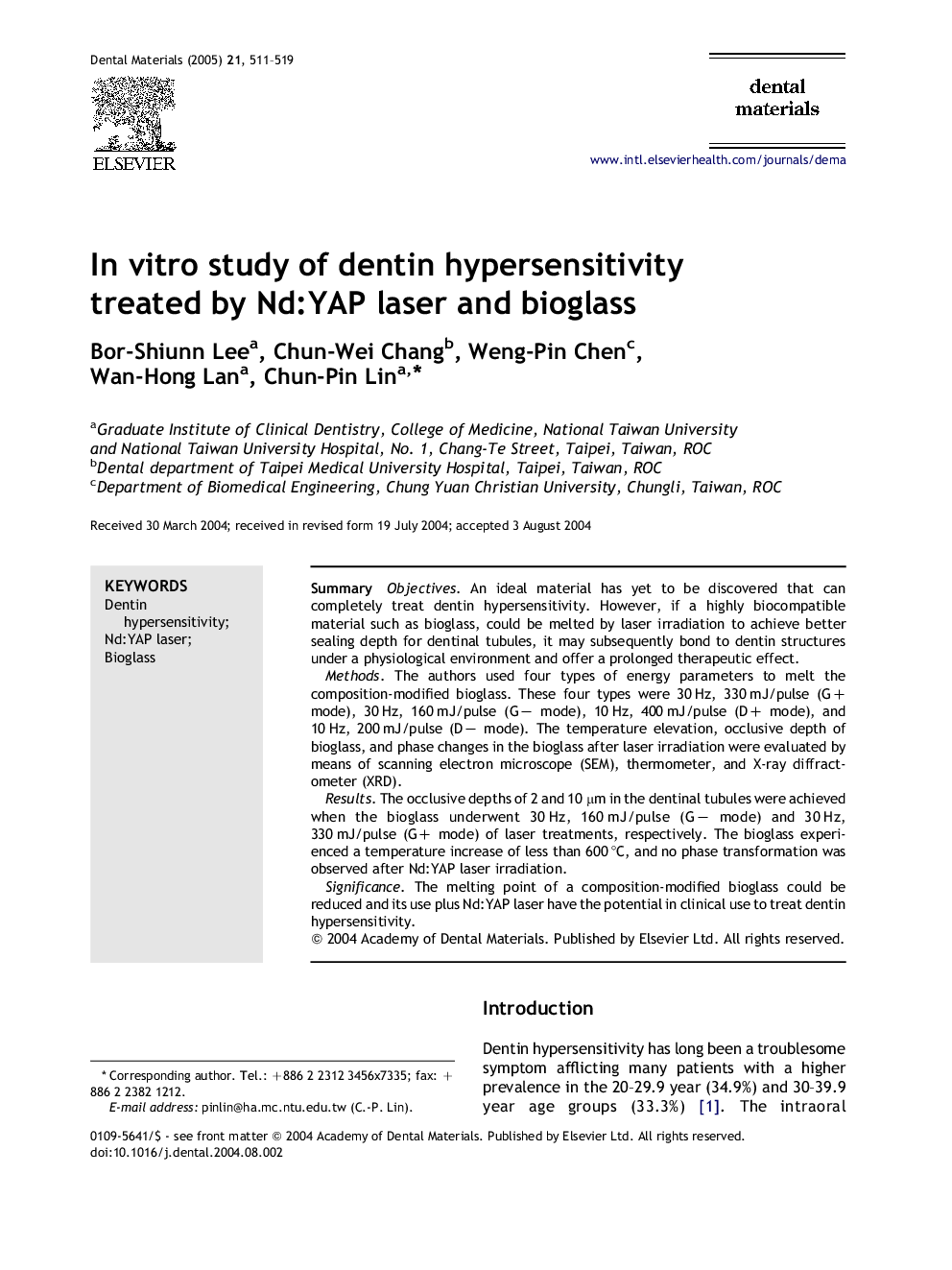 In vitro study of dentin hypersensitivity treated by Nd:YAP laser and bioglass