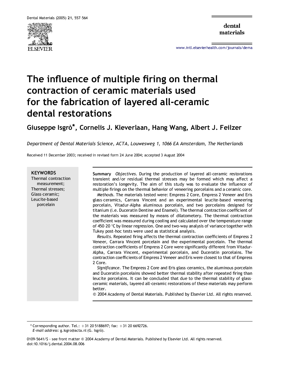 The influence of multiple firing on thermal contraction of ceramic materials used for the fabrication of layered all-ceramic dental restorations