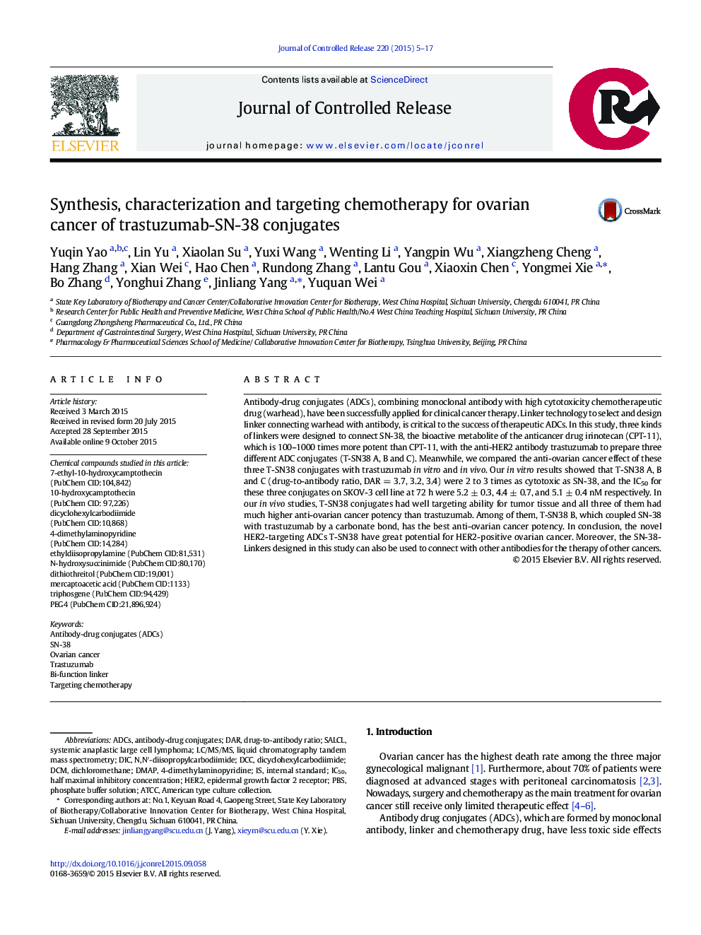 Synthesis, characterization and targeting chemotherapy for ovarian cancer of trastuzumab-SN-38 conjugates