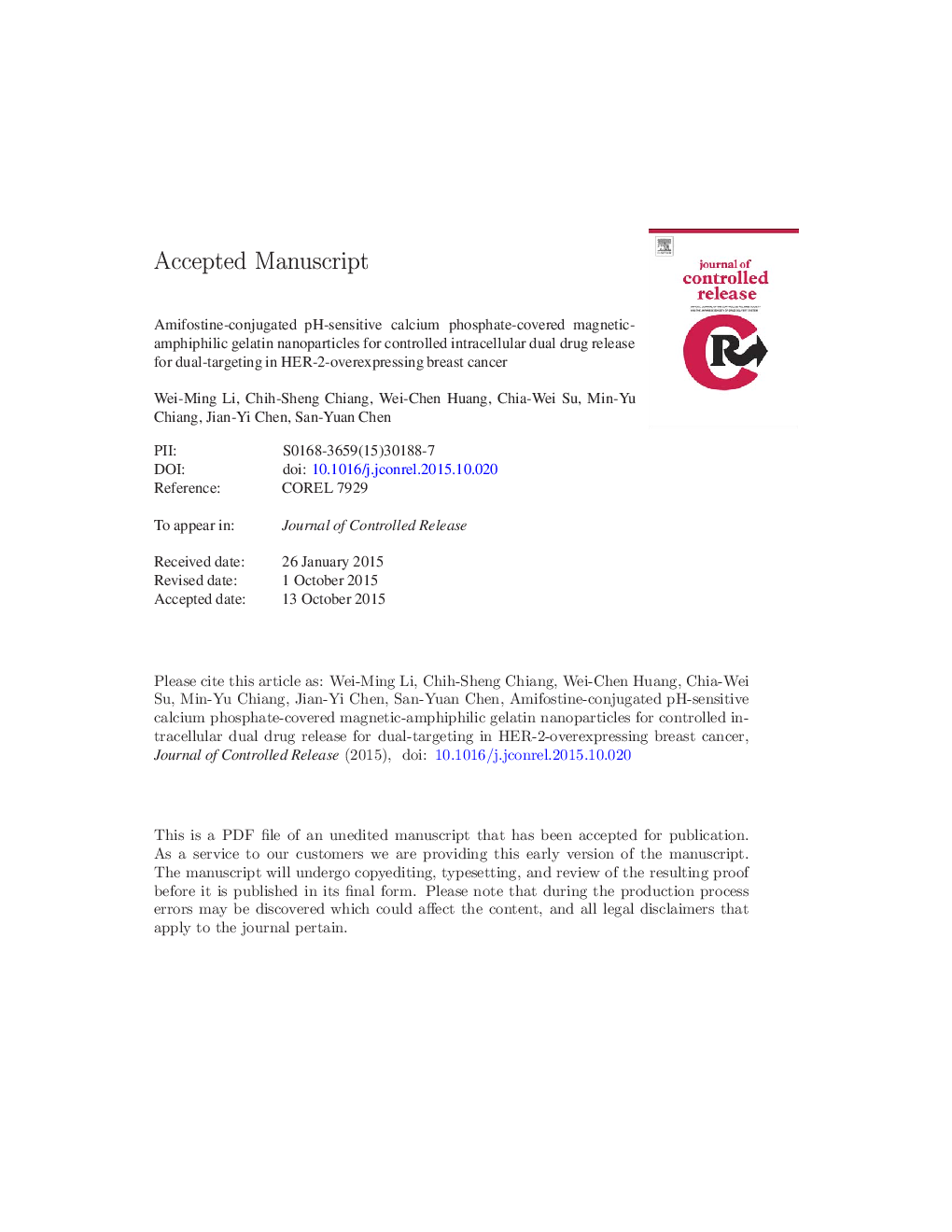 Amifostine-conjugated pH-sensitive calcium phosphate-covered magnetic-amphiphilic gelatin nanoparticles for controlled intracellular dual drug release for dual-targeting in HER-2-overexpressing breast cancer