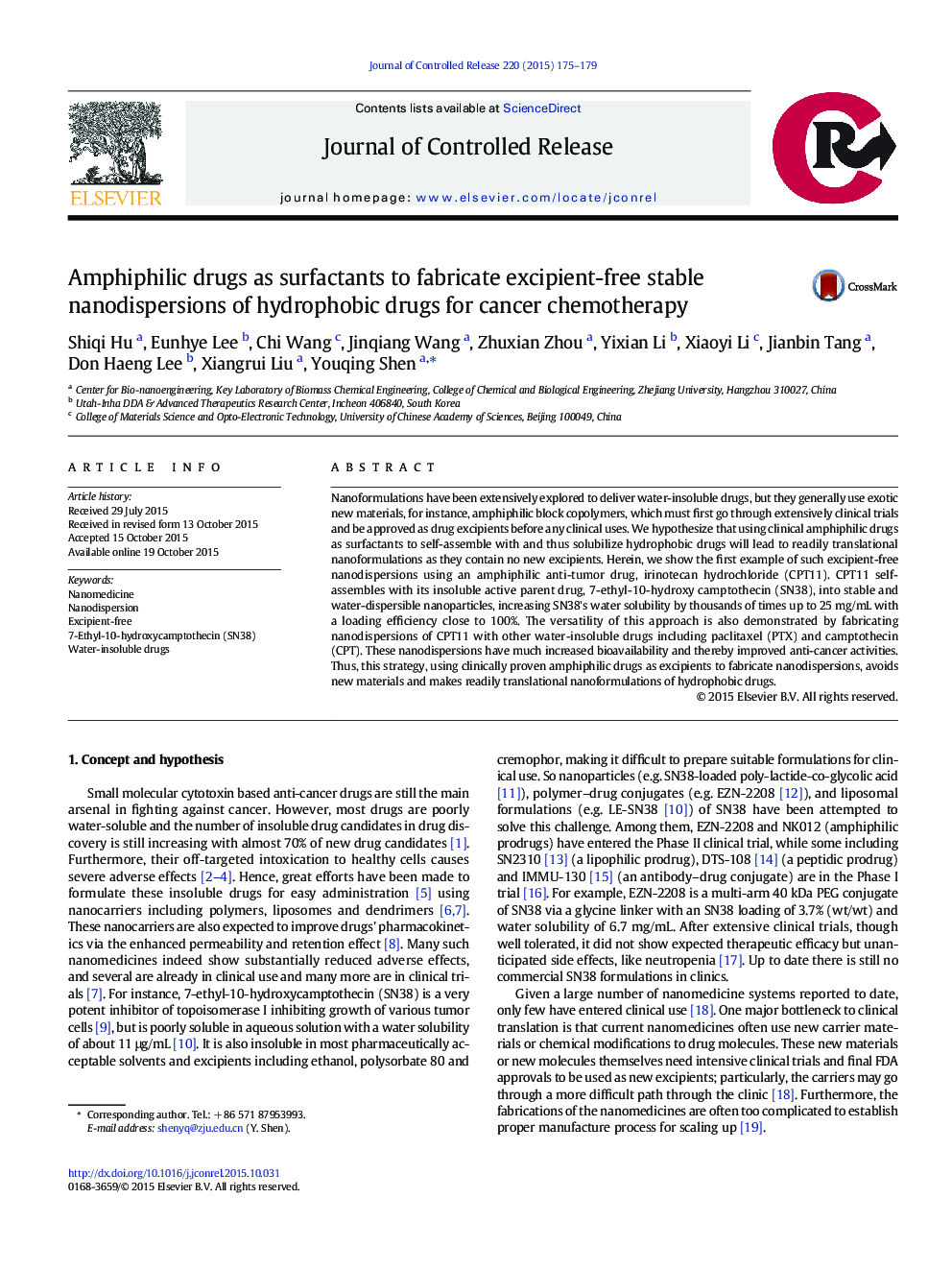 Amphiphilic drugs as surfactants to fabricate excipient-free stable nanodispersions of hydrophobic drugs for cancer chemotherapy