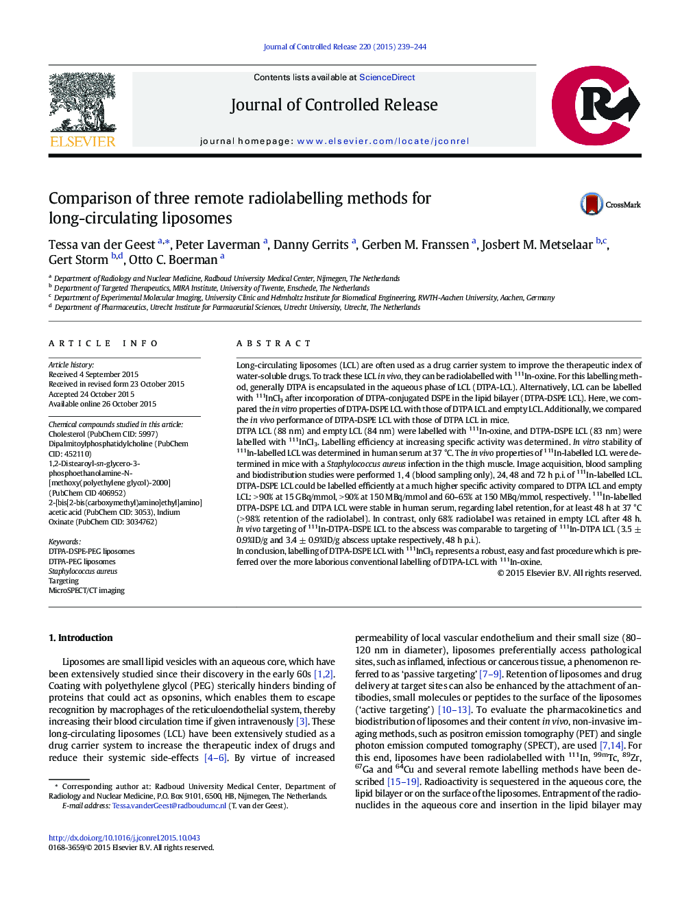 Comparison of three remote radiolabelling methods for long-circulating liposomes