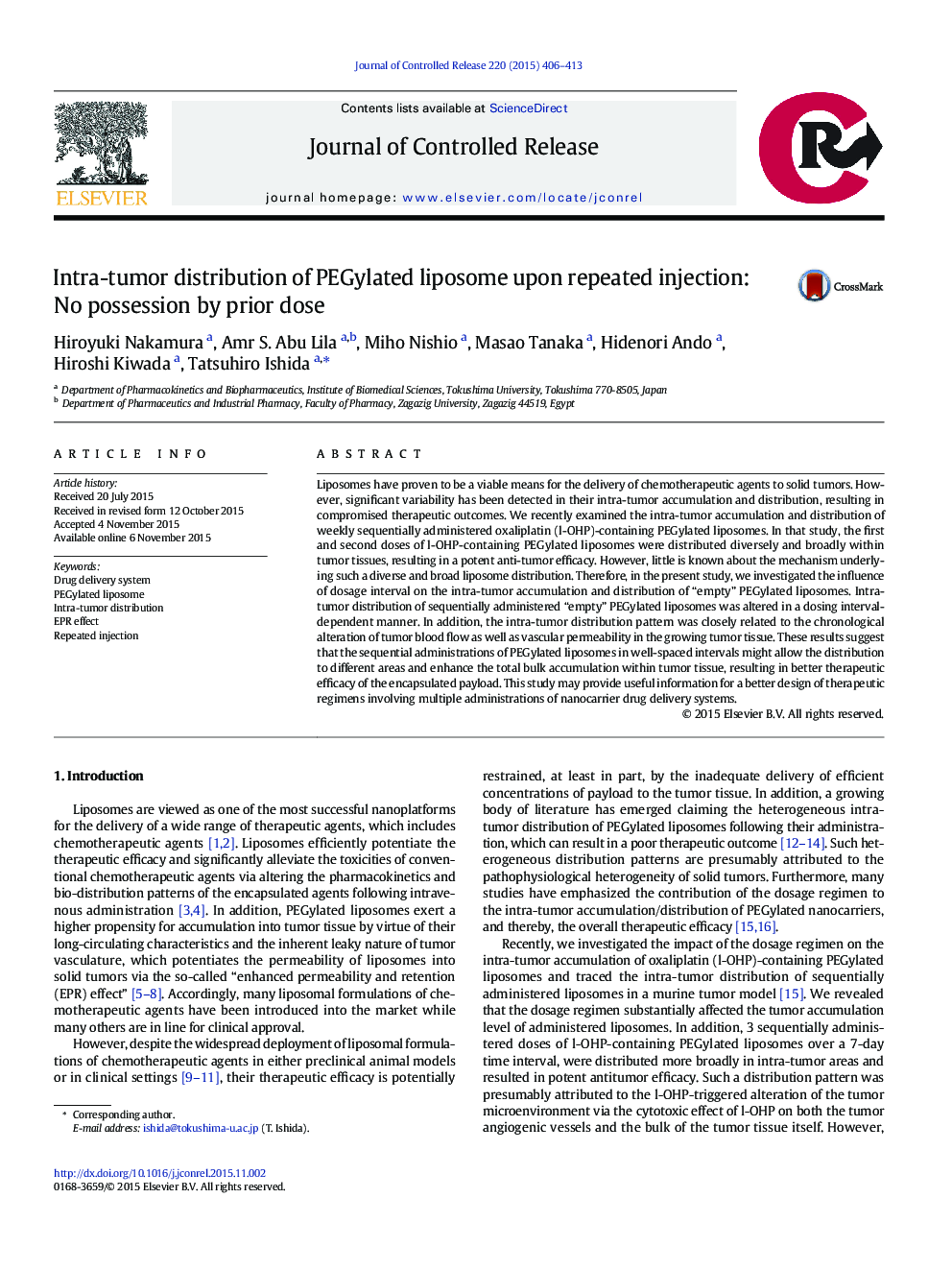 Intra-tumor distribution of PEGylated liposome upon repeated injection: No possession by prior dose