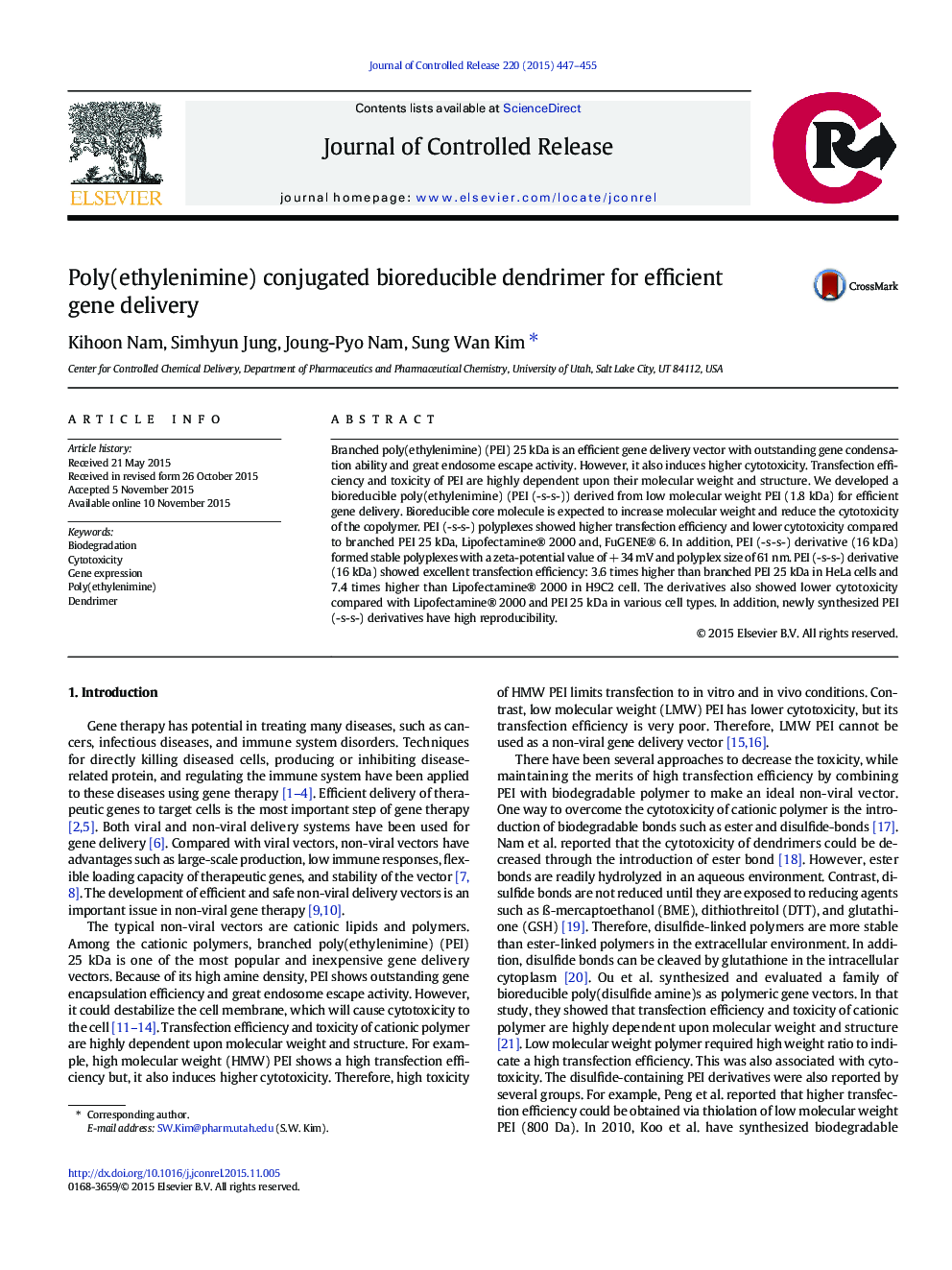 Poly(ethylenimine) conjugated bioreducible dendrimer for efficient gene delivery