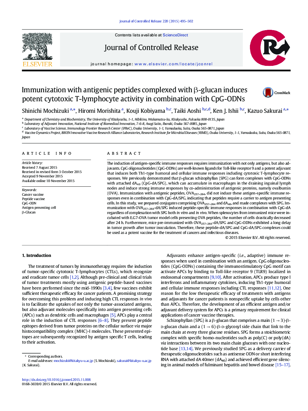 Immunization with antigenic peptides complexed with Î²-glucan induces potent cytotoxic T-lymphocyte activity in combination with CpG-ODNs