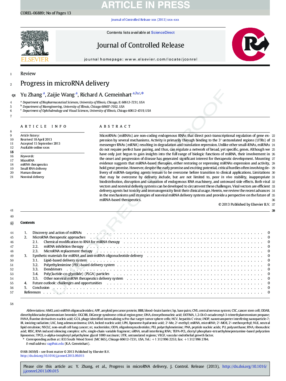 Progress in microRNA delivery