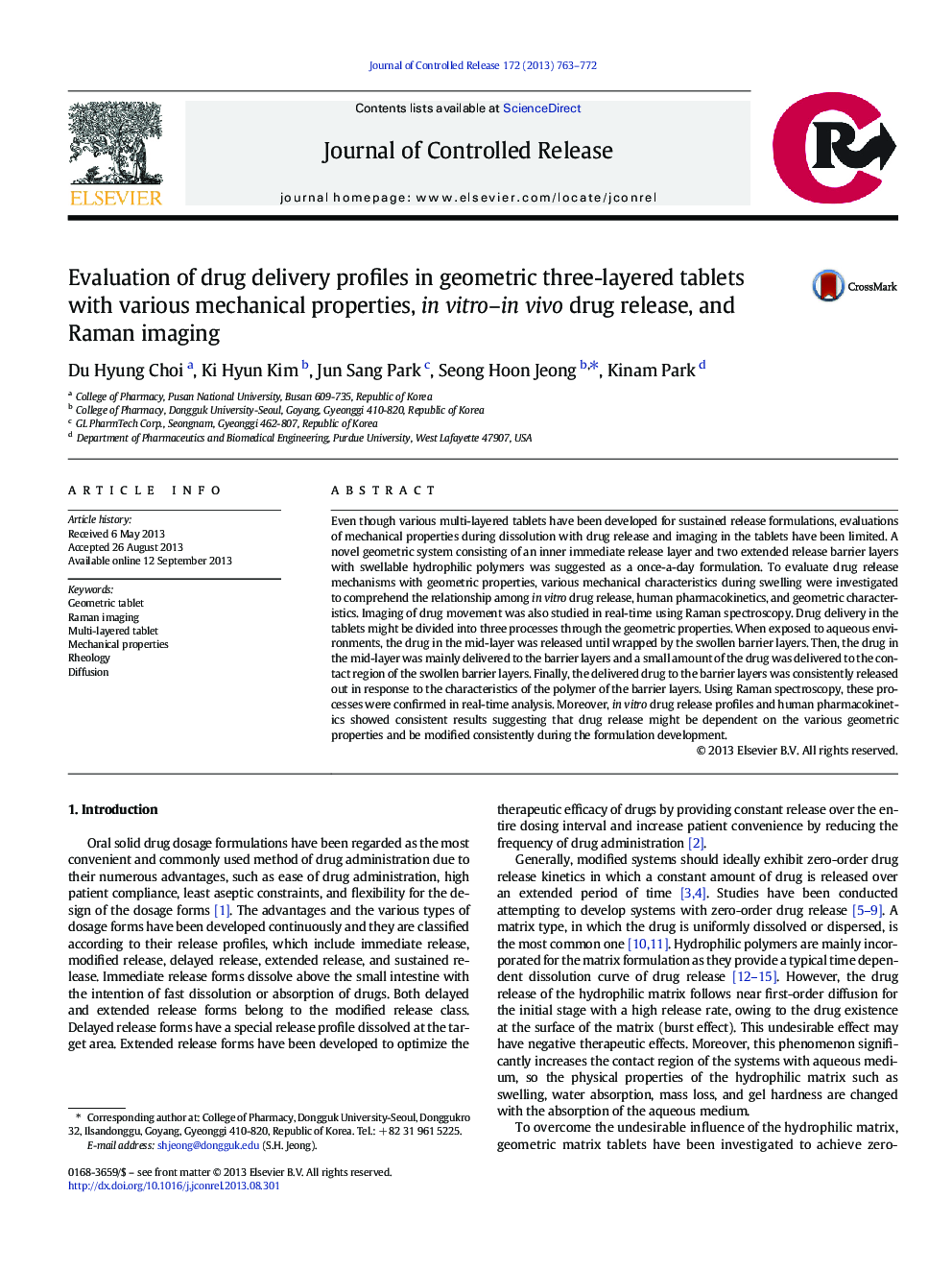 Evaluation of drug delivery profiles in geometric three-layered tablets with various mechanical properties, in vitro-in vivo drug release, and Raman imaging