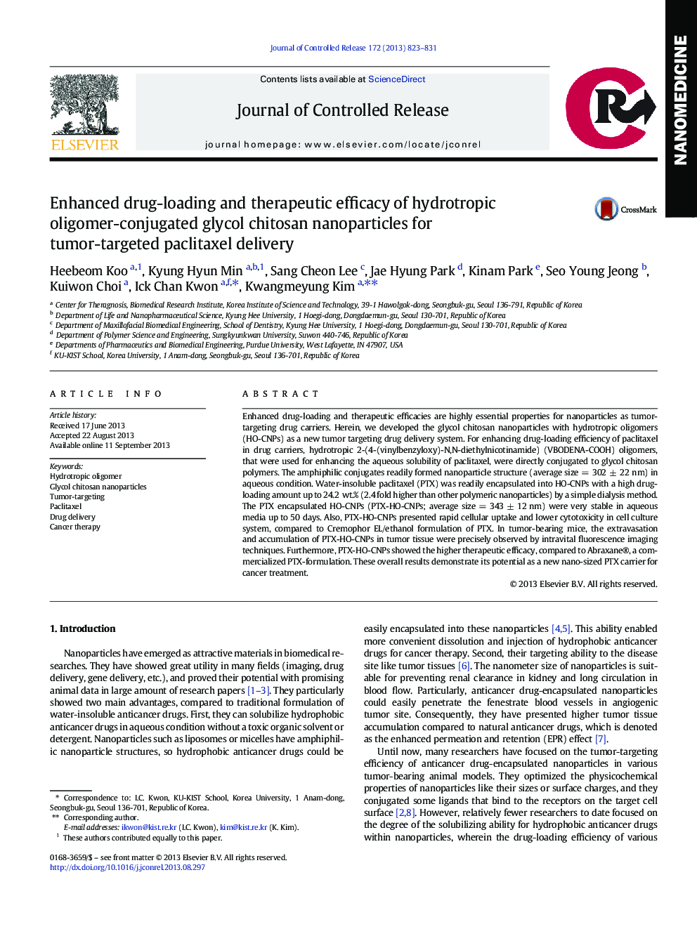 Enhanced drug-loading and therapeutic efficacy of hydrotropic oligomer-conjugated glycol chitosan nanoparticles for tumor-targeted paclitaxel delivery