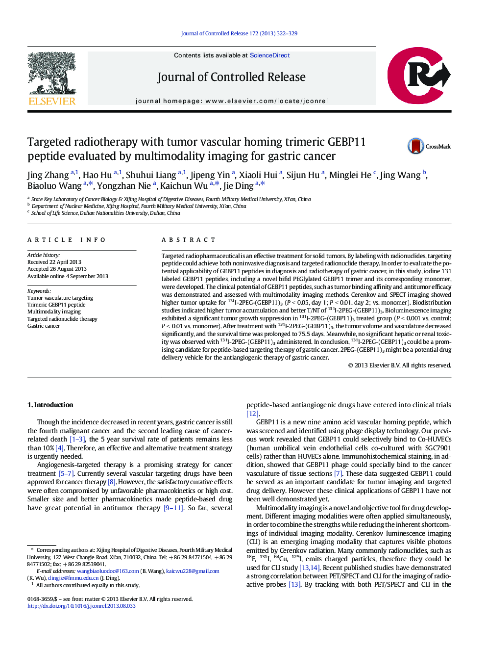 Targeted radiotherapy with tumor vascular homing trimeric GEBP11 peptide evaluated by multimodality imaging for gastric cancer