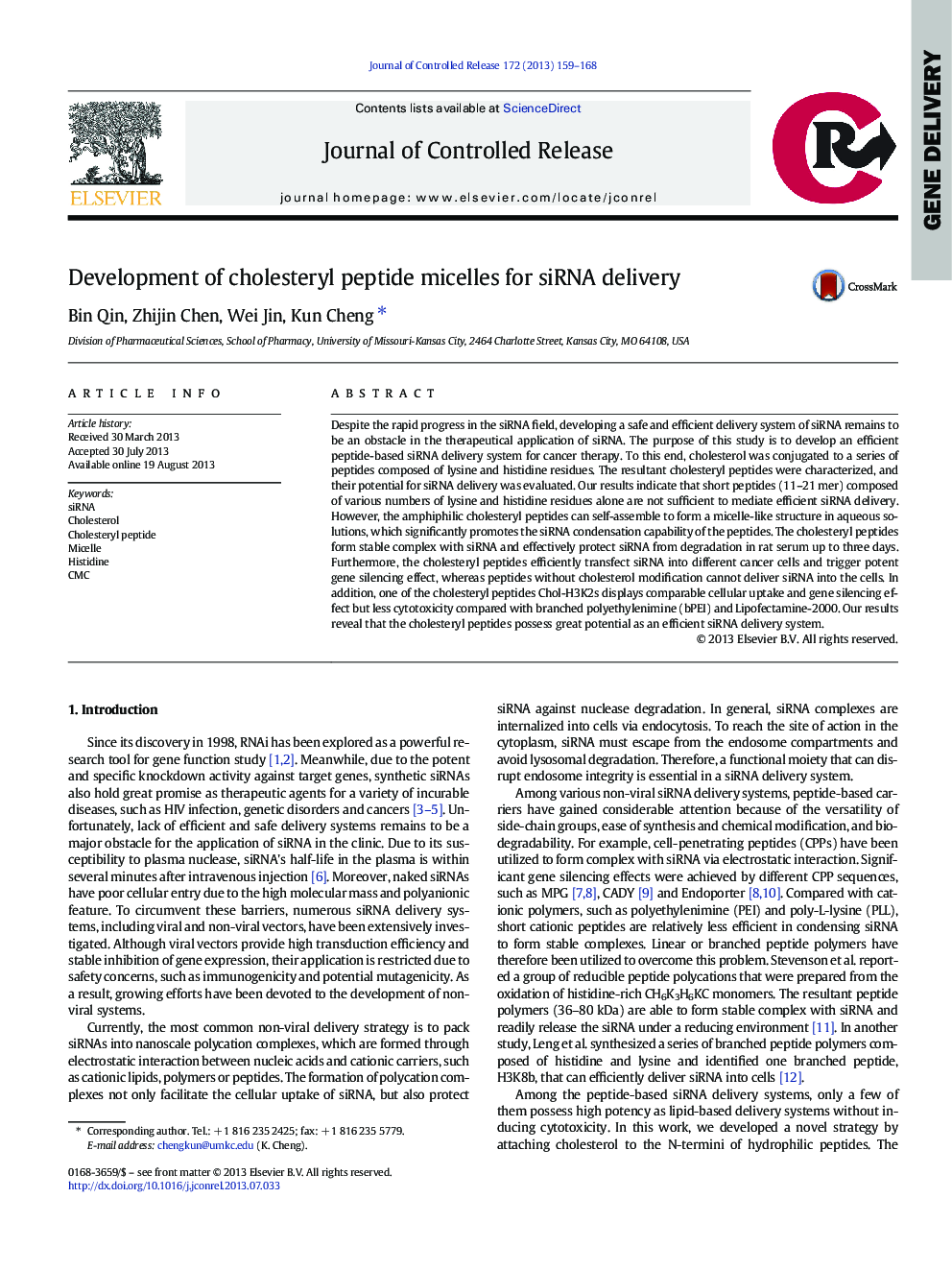 Development of cholesteryl peptide micelles for siRNA delivery