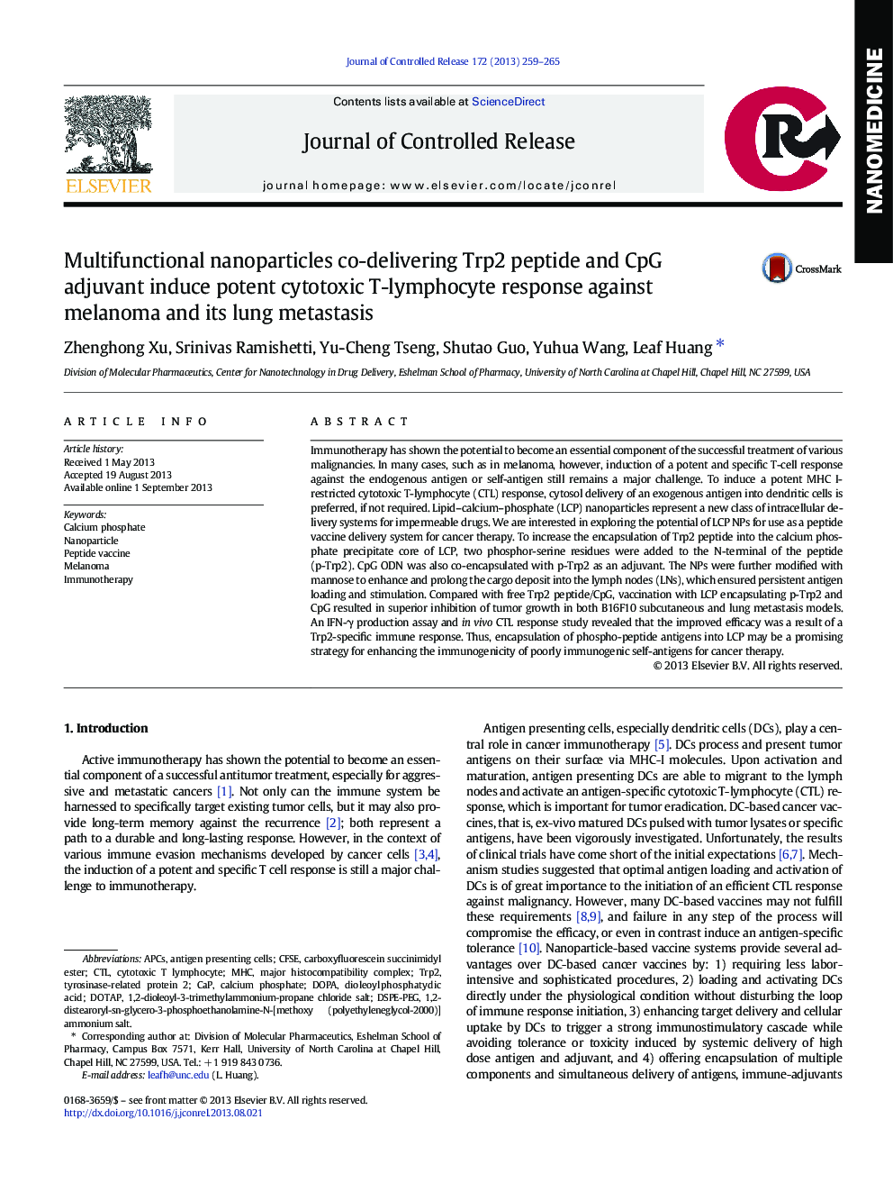 Multifunctional nanoparticles co-delivering Trp2 peptide and CpG adjuvant induce potent cytotoxic T-lymphocyte response against melanoma and its lung metastasis