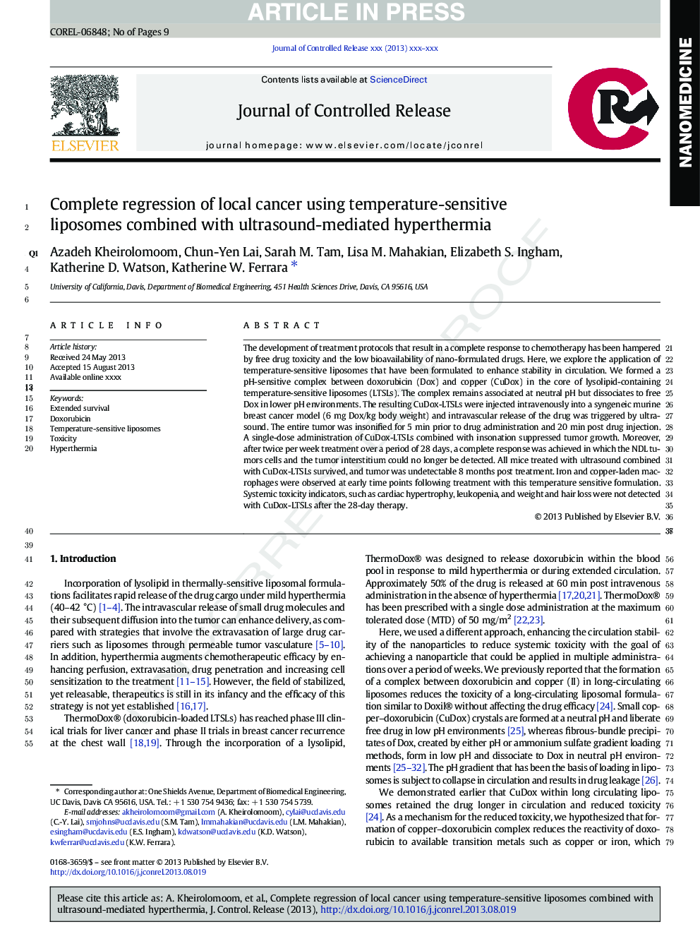 Complete regression of local cancer using temperature-sensitive liposomes combined with ultrasound-mediated hyperthermia