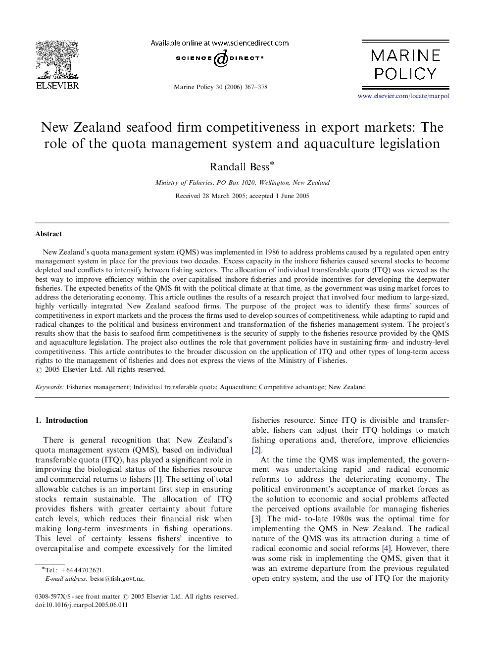 New Zealand seafood firm competitiveness in export markets: The role of the quota management system and aquaculture legislation