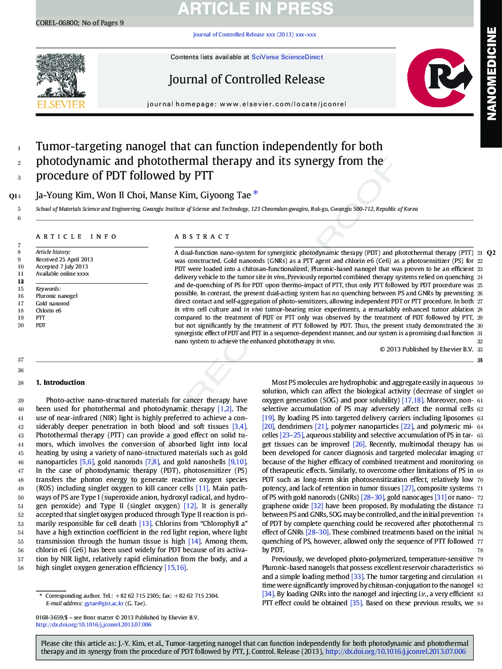 Tumor-targeting nanogel that can function independently for both photodynamic and photothermal therapy and its synergy from the procedure of PDT followed by PTT